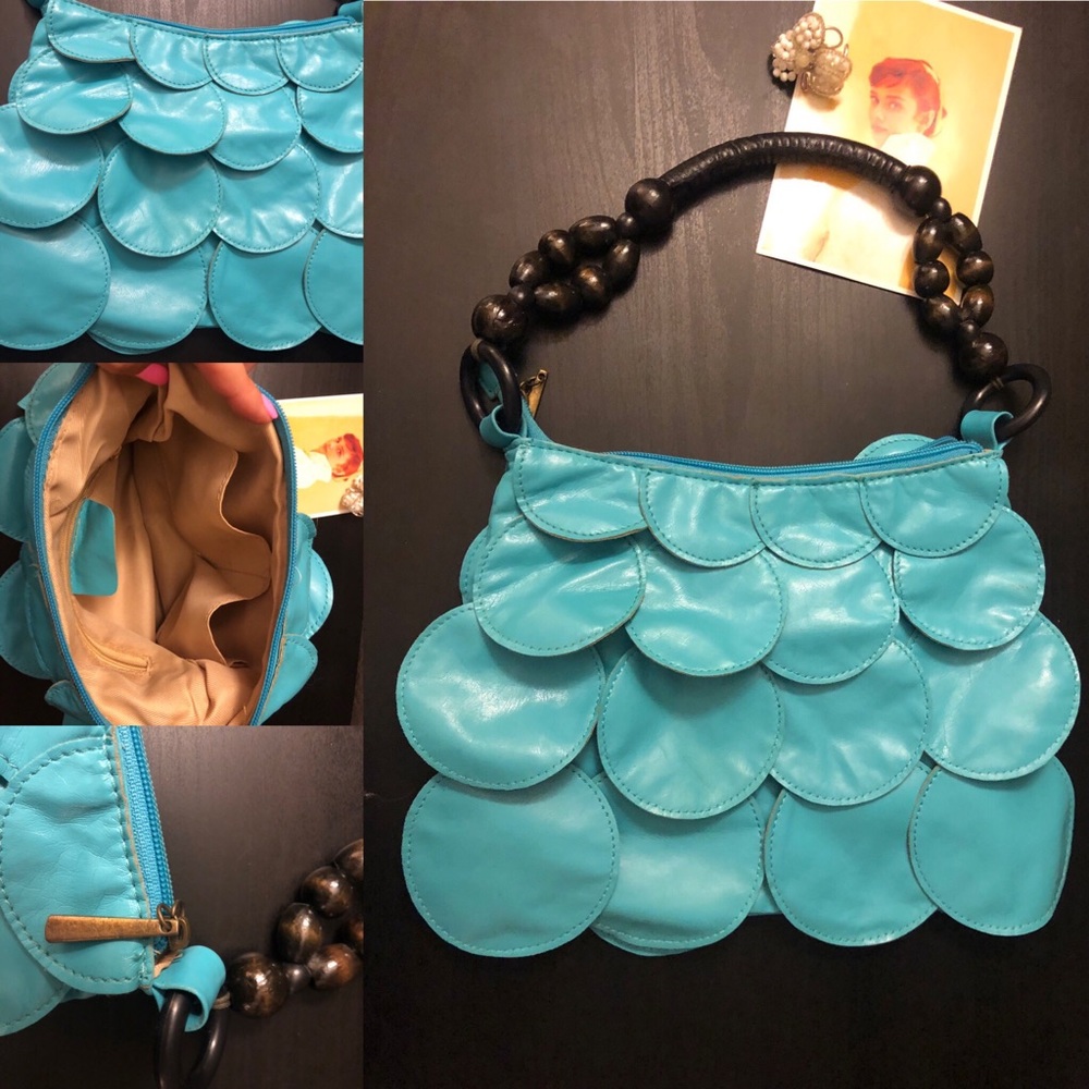 VINTAGE Blue Teal Aqua Purse w/ Wood Bead Handle